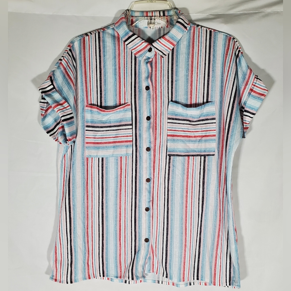 ANTHROPOLOGIE EDEN & OLIVIA STRIPED FLOWY OVERSIZED BLOUSE TOP CAP SLEEVES